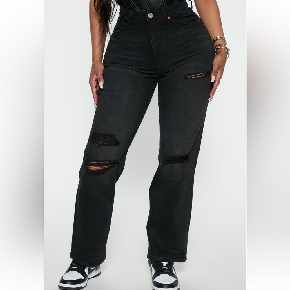 NWT Fashion Nova | black wash ripped straight leg jeans | size 15